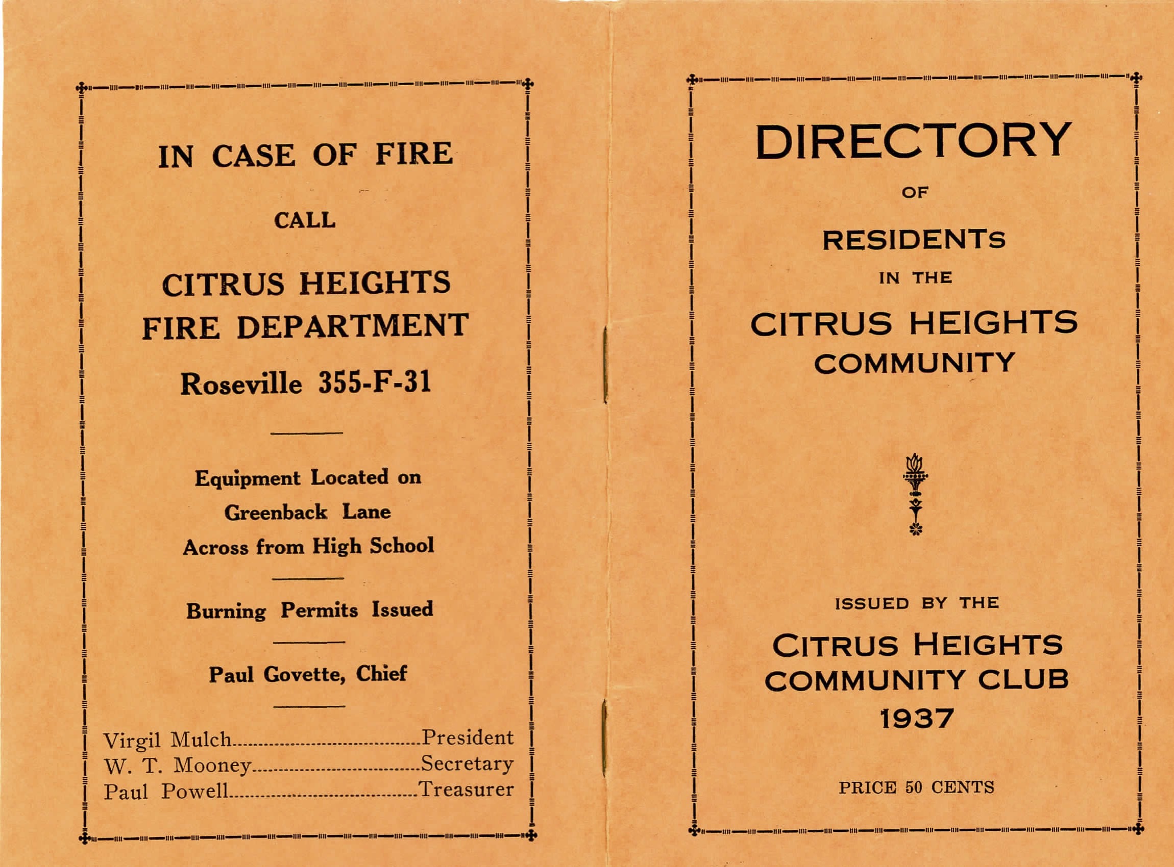 Scan of cover for Directory of Residents in the Citrus Heights Community from 1937.